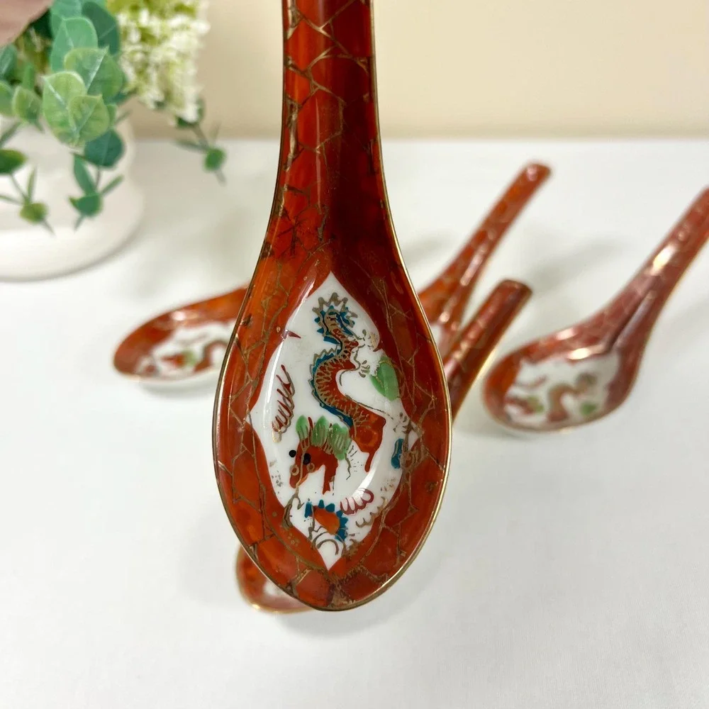 Vintage Japanese Porcelain Dragon Soup Spoons | Set of 5